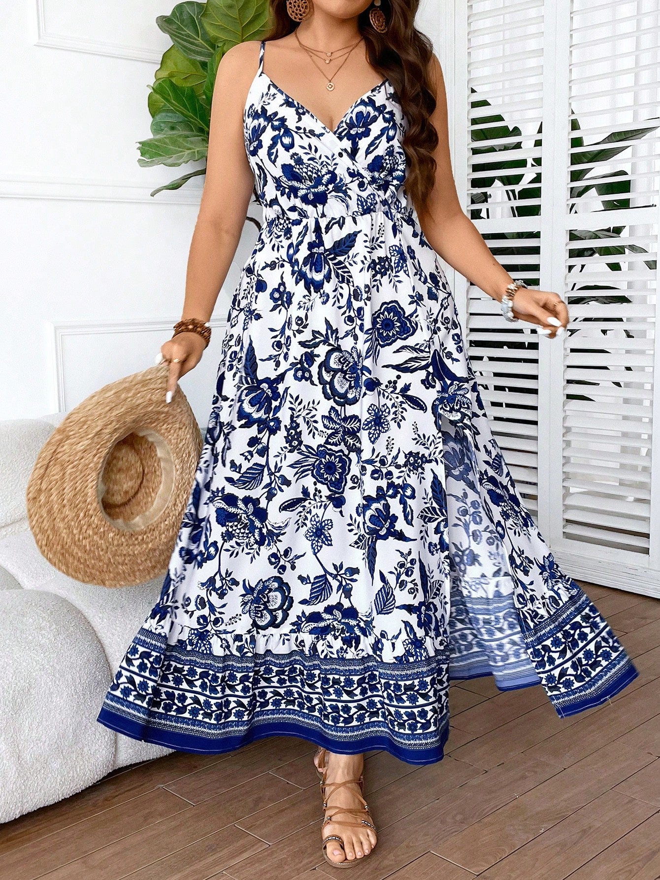Embrace summer vibes in this gorgeous botanical print maxi dress! Designed specifically for plus-size figures, this flowy cami dress offers both comfort and style. The eye-catching pattern will have you turning heads at beach parties, backyard BBQs, or casual date nights. Pair with sandals and a floppy hat for the ultimate carefree summer look!