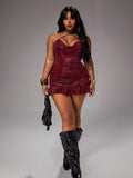 plus size burgundy croc embossed halter mini dress with glossy faux leather texture, cowl draped neckline, open tie back, spaghetti straps, ruched bodycon fit and ruffle flounce hem image 1
