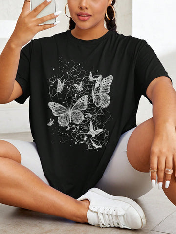 Celebrate summer in style with this playful plus size butterfly graphic tee designed just for women. Its vibrant butterfly print adds a touch of whimsy, while the comfortable fit keeps you feeling cool and confident all day long. Perfect for sunny days and casual outings, this chic t-shirt brings a fun, fresh vibe to your wardrobe.