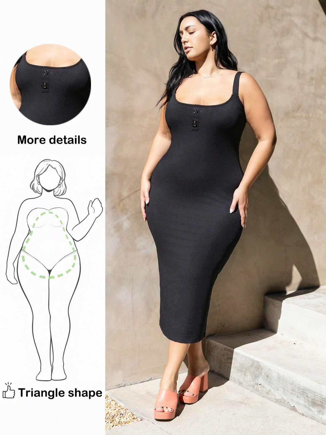 Designed with pear-shaped curves in mind, this plus-size suspender dress features charming button details that add personality to your wardrobe. The structured silhouette flatters your figure while the adjustable suspenders provide a custom fit that moves with you. Perfect for dressing up or down, this versatile piece transitions seamlessly from casual outings to special occasions. Embrace your shape with confidence in a dress that celebrates your unique style.