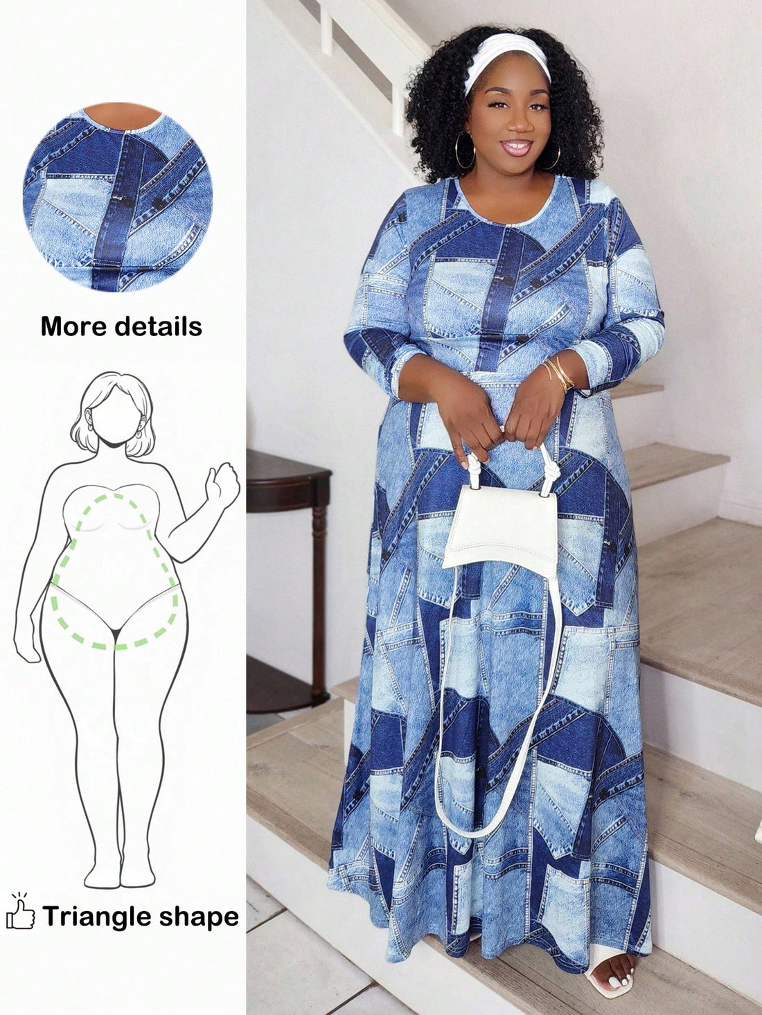 Embrace your curves with this laid-back denim-effect dress designed specifically for pear-shaped figures. The long sleeves offer cozy coverage perfect for cooler months, while the relaxed silhouette flatters your natural shape without clinging. Crafted in a soft, durable fabric that mimics classic denim's charm, this casual essential transitions effortlessly from weekend errands to coffee dates. The timeless denim look pairs with everything in your wardrobe, making it a go-to piece for autumn and winter. Co