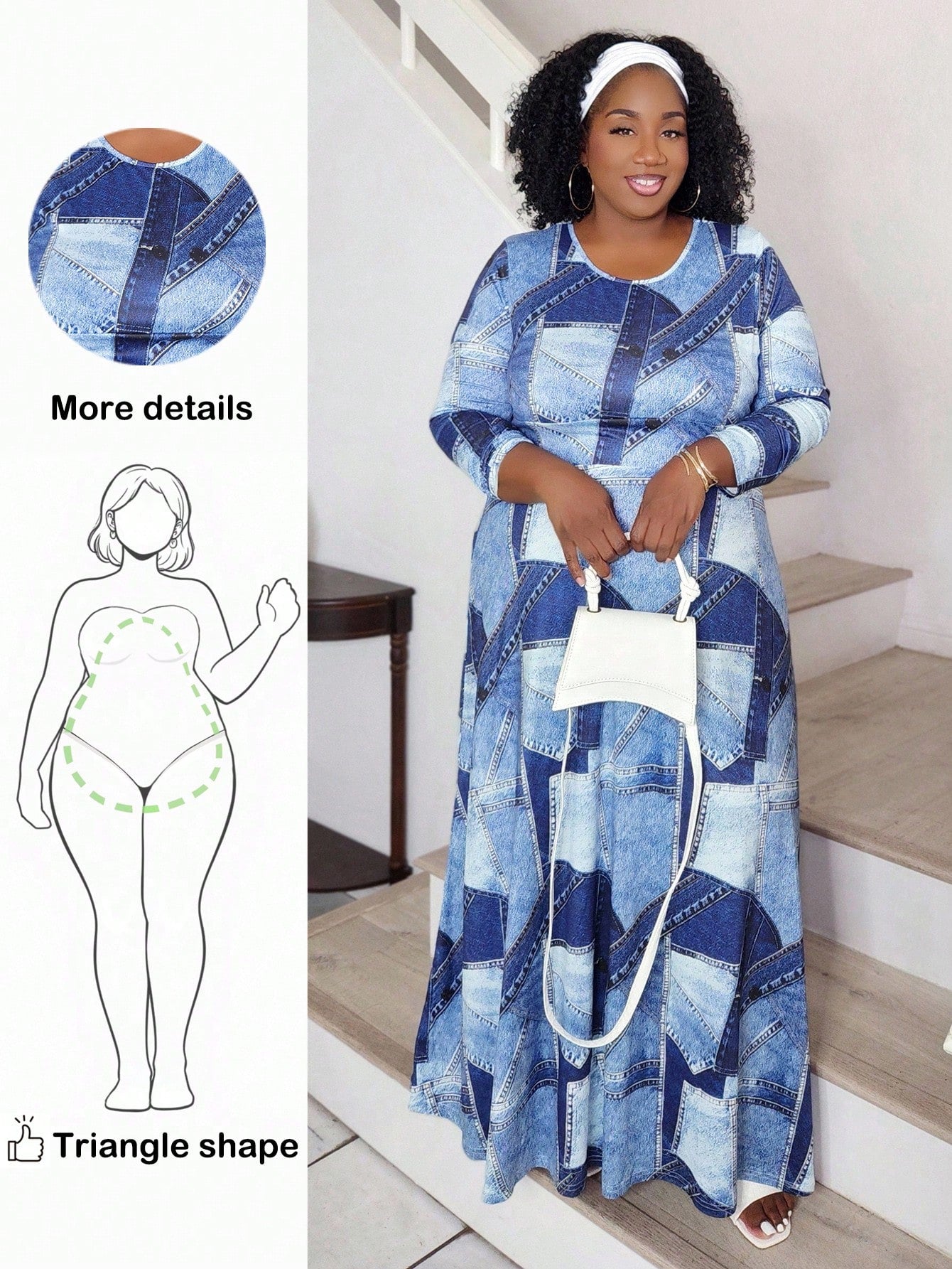 Embrace your curves with this laid-back denim-effect dress designed specifically for pear-shaped figures. The long sleeves offer cozy coverage perfect for cooler months, while the relaxed silhouette flatters your natural shape without clinging. Crafted in a soft, durable fabric that mimics classic denim's charm, this casual essential transitions effortlessly from weekend errands to coffee dates. The timeless denim look pairs with everything in your wardrobe, making it a go-to piece for autumn and winter. Co