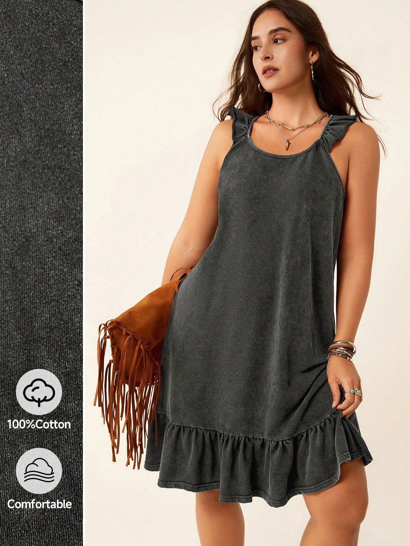 Embrace sunny days in this playful plus size holiday dress featuring a flirty ruffle hem that dances with every step. Its breezy boho style is perfect for summer celebrations like graduations, birthdays, and festivals. Comfortable and effortlessly chic, it’s your go-to for turning heads while staying cool and carefree.