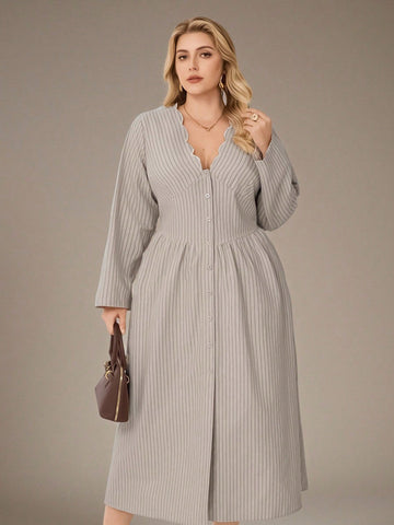Stripes never go out of style, and this beige midi dress proves it! Featuring a charming button-front design and a relaxed fit that flatters every curve, it's your new go-to for effortless elegance. Dress it up with heels and jewelry or keep it casual with sneakers—this versatile piece transitions seamlessly from brunch to errands to date night. The soft striped pattern adds visual interest without demanding attention, while the midi length offers timeless sophistication. Perfect for anyone who believes com