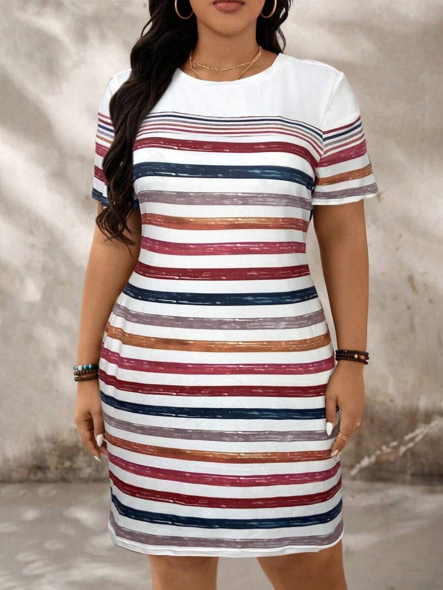 Stay cool and stylish in this playful plus size summer dress featuring vibrant stripes, comfy short sleeves, and a flattering round neck. Perfect for sunny days, it combines casual comfort with a fun, fresh look that’s easy to wear anywhere. Embrace your sunny side with this breezy, flattering piece made to keep you confident and chic all season long.