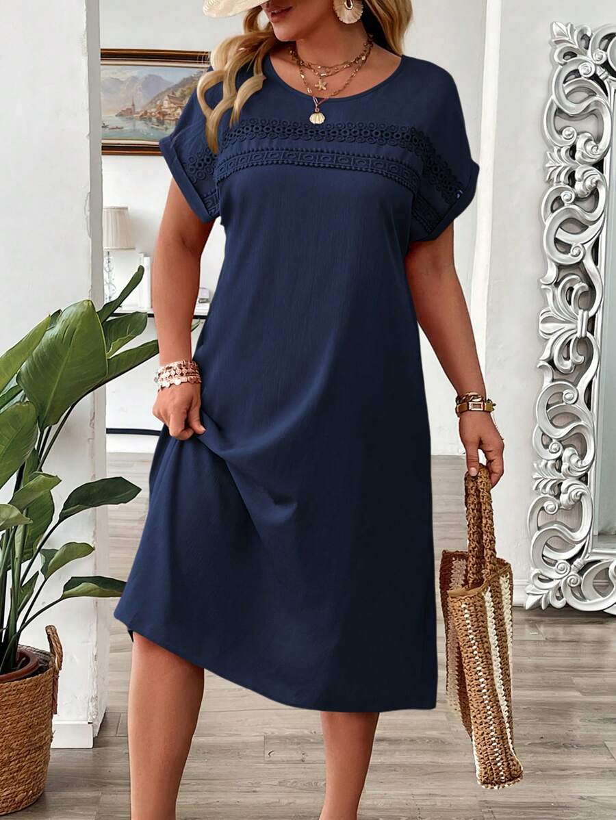 Embrace sunny days in style with this playful plus size summer pullover dress. Featuring delicate lace details and a relaxed drop shoulder design, it offers breezy comfort and a flirty touch. Perfect for casual outings or weekend fun, this dress keeps you cool while celebrating your curves with effortless charm.
