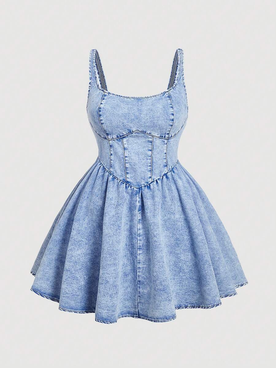 Front view of light wash denim cami mini dress with flared skirt
