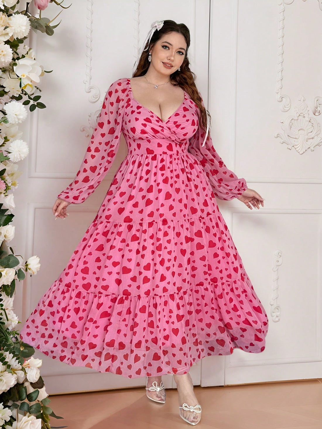 Get ready to turn heads in our Plus Size Chiffon Floral Print Dress! With delicate embroidery, a romantic Valentine's heart motif, and a flattering chiffon material, this dress is perfect for any special occasion. Embrace your curves and feel confident in this elegant and playful dress.