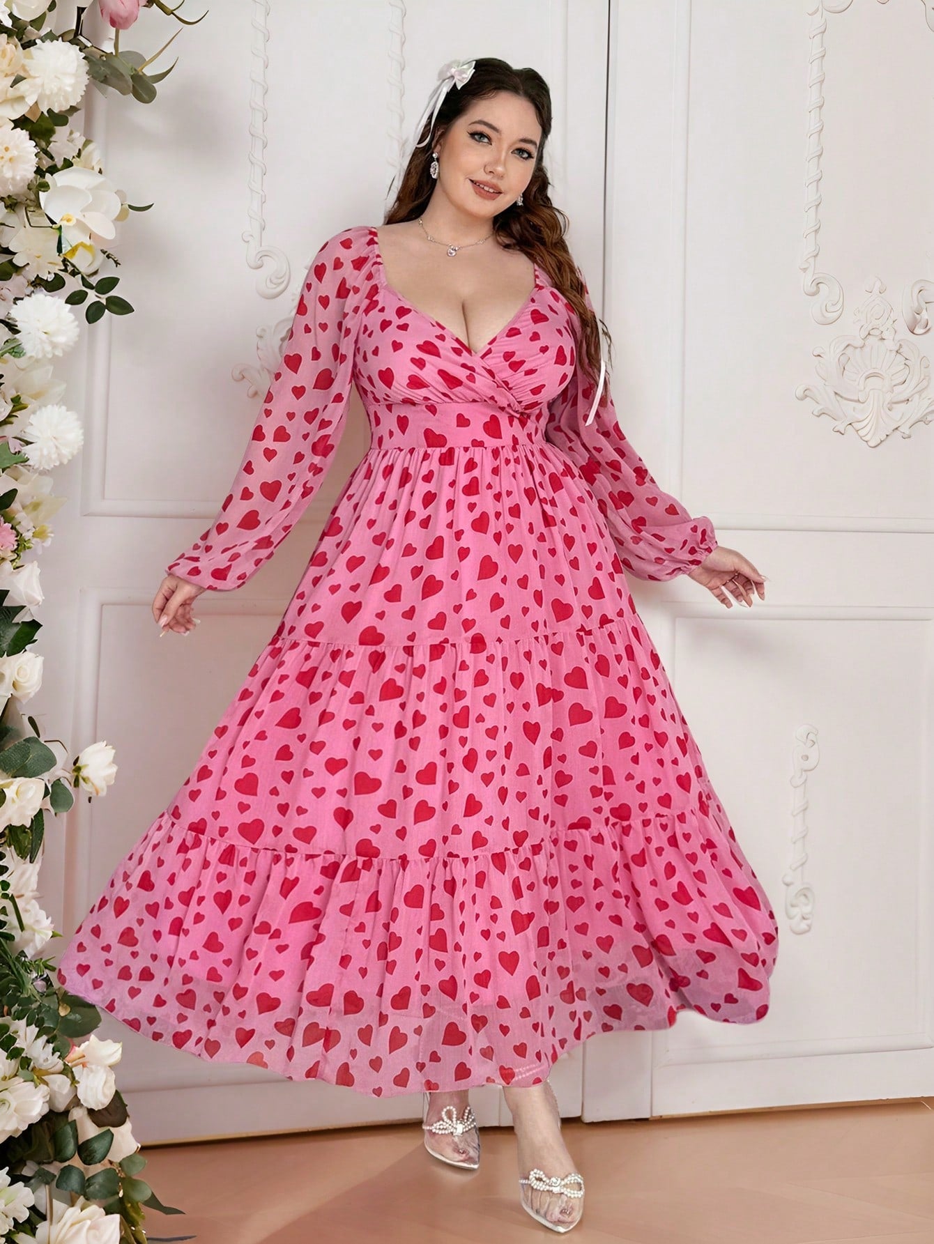 Get ready to turn heads in our Plus Size Chiffon Floral Print Dress! With delicate embroidery, a romantic Valentine's heart motif, and a flattering chiffon material, this dress is perfect for any special occasion. Embrace your curves and feel confident in this elegant and playful dress.