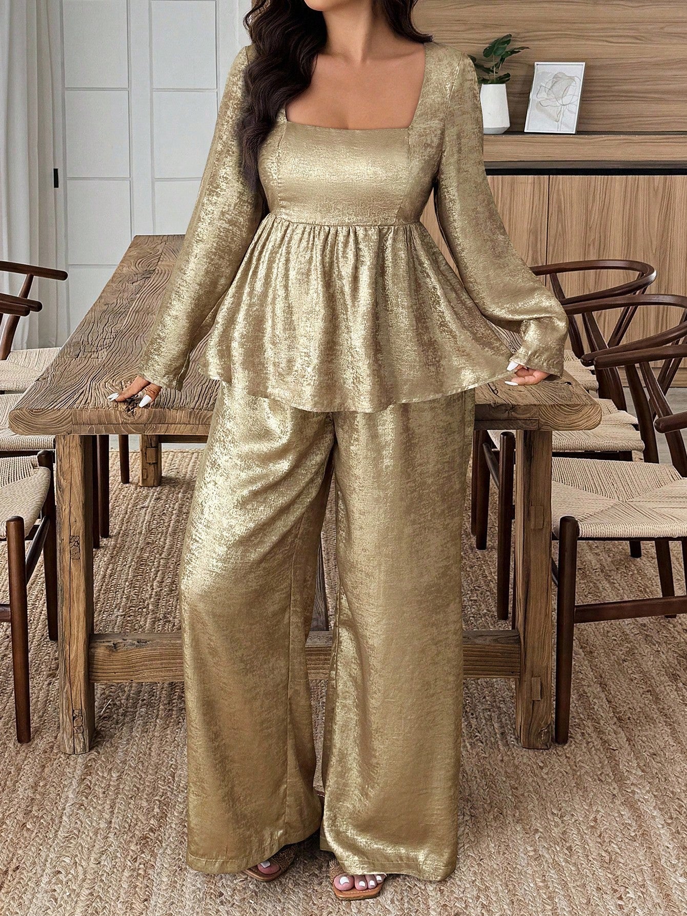 Celebrate the season in style with this festive two-piece set designed for comfort and confidence. The long sleeve top features a chic square neckline that flatters while keeping you warm, paired with relaxed wide-leg pants for effortless movement. Perfect for holiday gatherings, family photos, or cozy nights in, this set brings Christmas cheer to your wardrobe. Available in plus sizes to ensure the perfect fit for everyone. Make this season merry and bright!