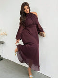 Angled front view of wine red plus size halter cold-shoulder maxi dress