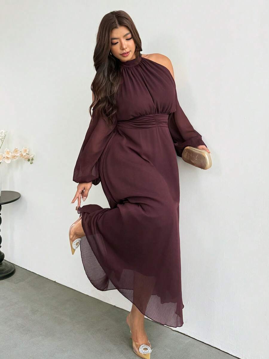 Angled front view of wine red plus size halter cold-shoulder maxi dress