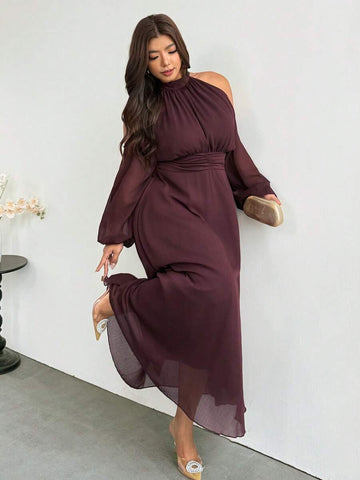 Angled front view of wine red plus size halter cold-shoulder maxi dress