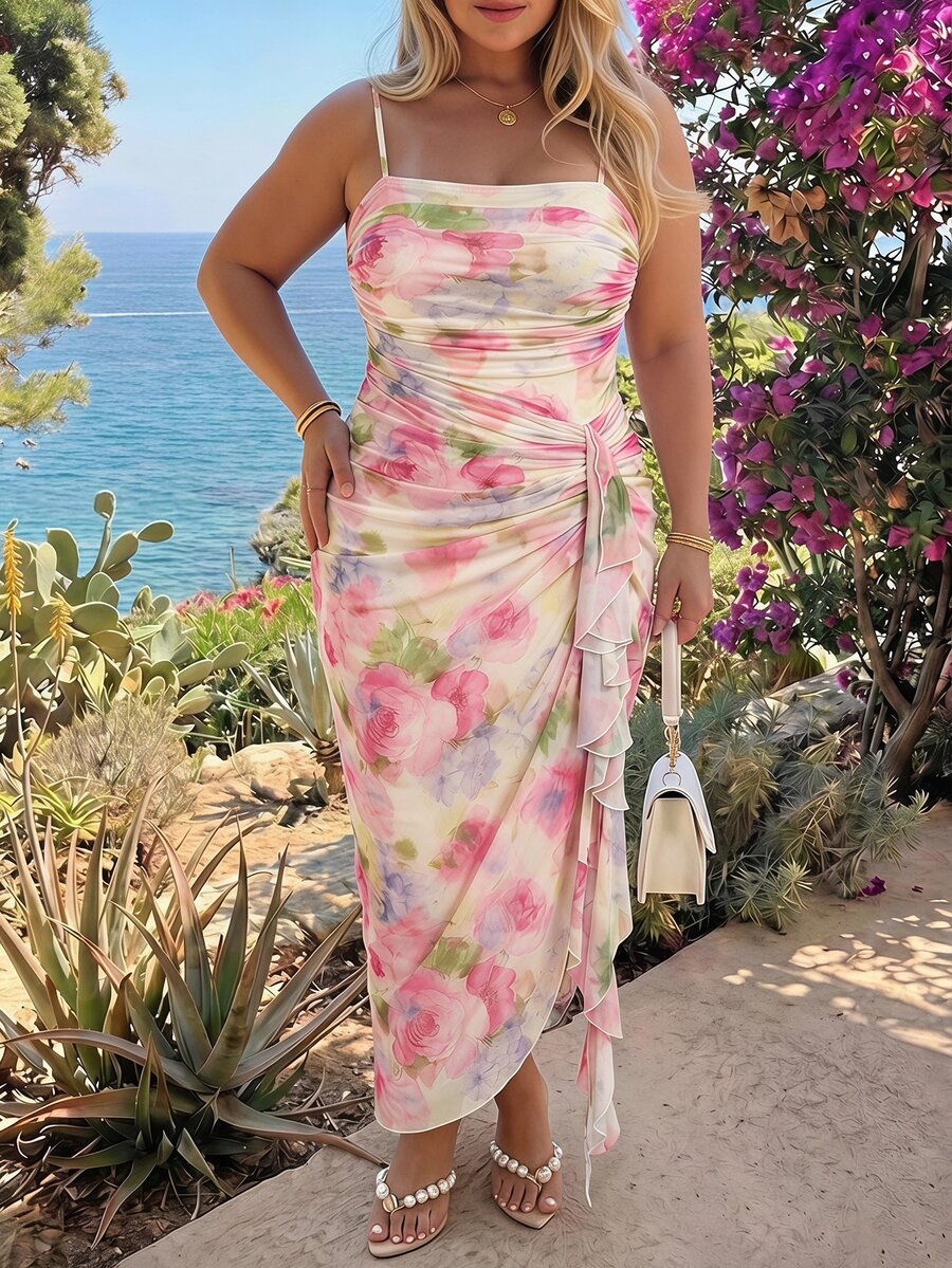 Plus Size Cottage Chic Floral Midi Slip Dress for Summer Weddings & Garden Parties