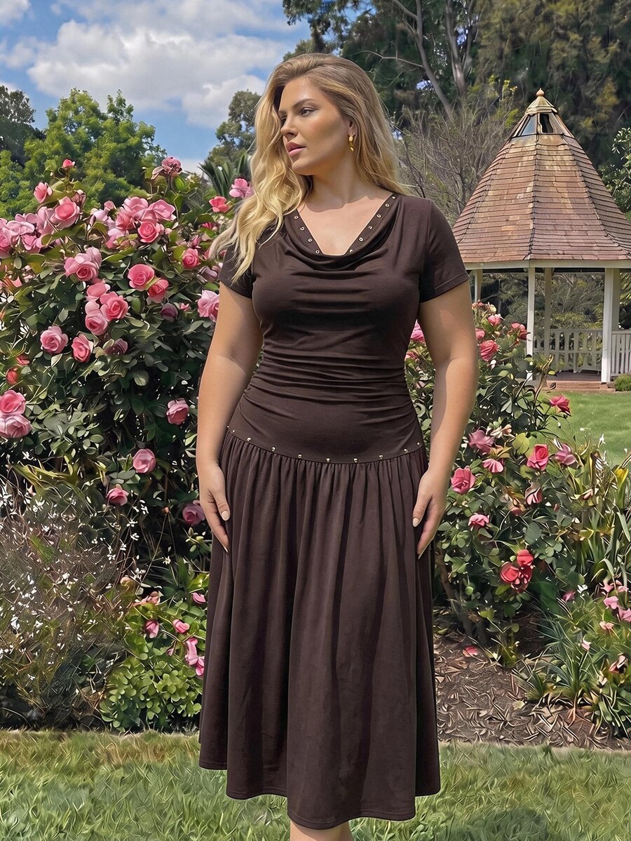 Front view of dark brown cowl-neck midi dress with gold-tone ring detail and flared skirt