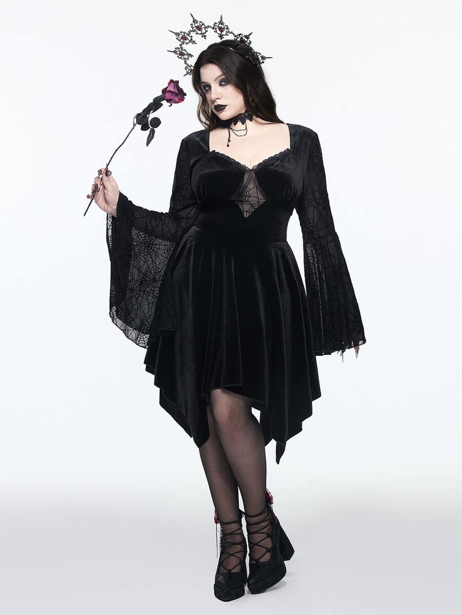 Plus Size Dark Gothic Spider Web Dress with Sheer Bell Sleeves for Halloween Parties