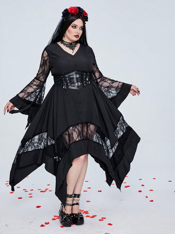 Get ready to rock this Halloween in our Plus Size Dark Punk Rock Bell Sleeve Lace V-Neck A-Line Dress! With its unique design and playful style, you'll stand out at any cosplay event. The bell sleeves and lace details add a touch of elegance to this edgy dress, perfect for a punk-inspired look. Don't miss out on this dress for a spooktacular Halloween!
