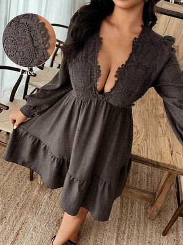 Turn heads with this playful plus size midi dress featuring a daring deep V-neck and delicate lace trim. The layered puff sleeves add a flirty touch, while the flowing silhouette moves with you for effortless style. Perfect for parties or casual outings, it’s your go-to for feeling fabulous and fun.