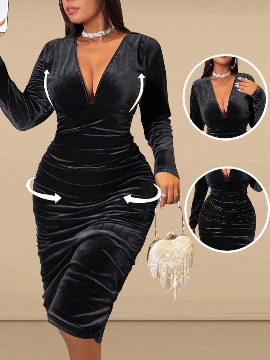 Celebrate the season in style with this playful plus size maxi dress, featuring a flattering deep V-neck and elegant pleated details. Its long sleeves keep you cozy while adding a touch of sophistication, making it perfect for Christmas parties and festive gatherings. Flowing gracefully to the floor, this dress offers comfort without sacrificing flair—because holiday magic deserves a look just as vibrant as you are!