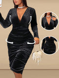 Celebrate the season in style with this playful plus size maxi dress, featuring a flattering deep V-neck and elegant pleated details. Its long sleeves keep you cozy while adding a touch of sophistication, making it perfect for Christmas parties and festive gatherings. Flowing gracefully to the floor, this dress offers comfort without sacrificing flair—because holiday magic deserves a look just as vibrant as you are!