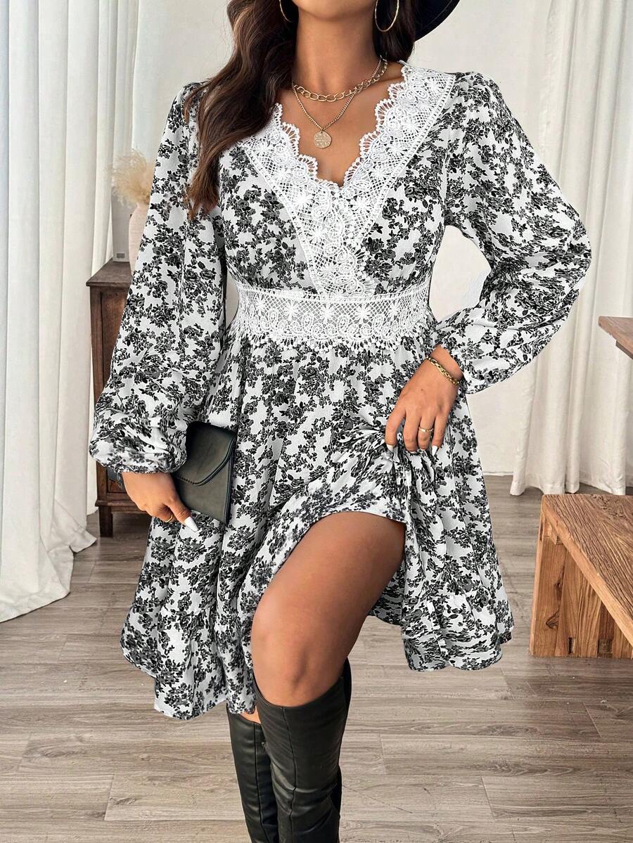 Embrace effortless elegance with this charming plus-size dress, featuring delicate ditsy florals that dance across the fabric. The romantic lace-trimmed neckline and voluminous lantern sleeves add a whimsical touch perfect for autumn adventures, beach getaways, and festive celebrations. Designed to flatter and comfort, this versatile piece transitions seamlessly from casual daytime wear to evening occasions. Whether you're strolling seaside or celebrating the holidays, this dress brings playful sophisticati