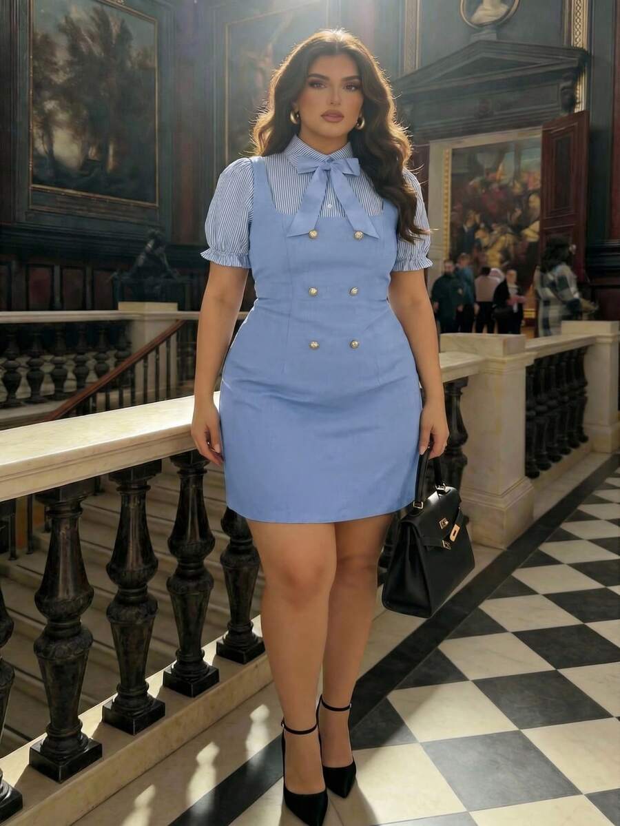 Plus size model in dusty-blue office mini dress with striped puff sleeves
