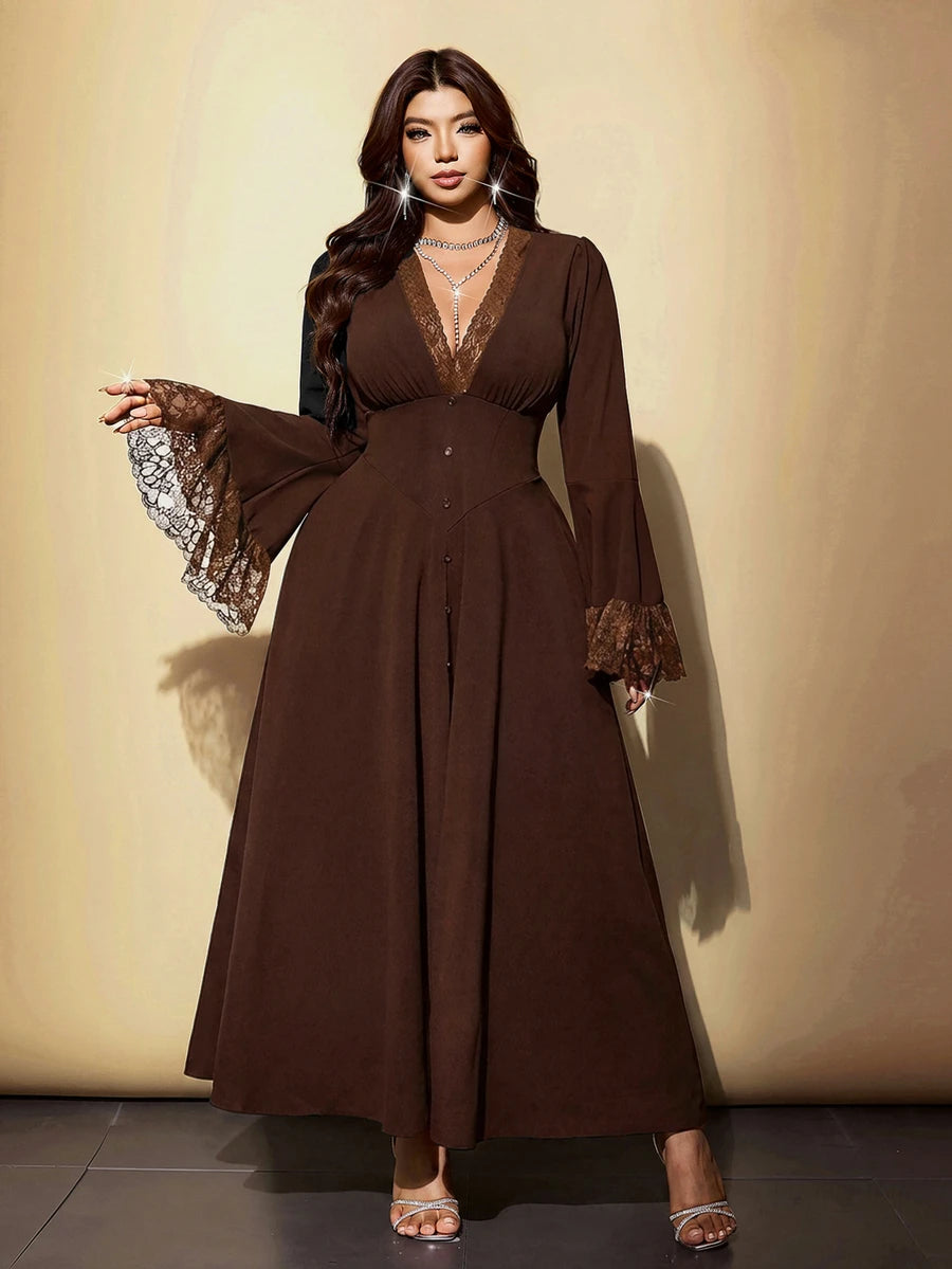 Full front view of mocha brown plus-size maxi dress with lace V neck and flared long sleeves