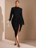 Step into the spotlight with this plus size black zebra print mesh dress, perfect for fall and winter. Featuring a chic high neck and long sleeves, it keeps you cozy while turning heads. The daring high slit adds a flirty twist, making every step a statement. Embrace elegance with a wild side!