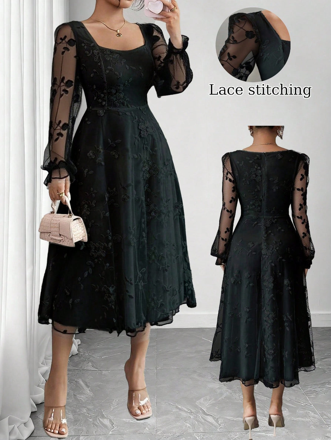 Elevate your autumn wardrobe with this stunning plus-size dress that's equal parts sophisticated and fun! The chic square collar frames your face beautifully, while the contrast mesh panels add an unexpected pop of visual interest. A cinched waist creates a flattering silhouette that celebrates your curves with confidence. Perfect for date nights, dinner parties, or whenever you want to feel absolutely fabulous. This versatile piece transitions seamlessly from season to season, making it a wardrobe essentia