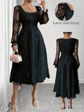Elevate your autumn wardrobe with this stunning plus-size dress that's equal parts sophisticated and fun! The chic square collar frames your face beautifully, while the contrast mesh panels add an unexpected pop of visual interest. A cinched waist creates a flattering silhouette that celebrates your curves with confidence. Perfect for date nights, dinner parties, or whenever you want to feel absolutely fabulous. This versatile piece transitions seamlessly from season to season, making it a wardrobe essentia
