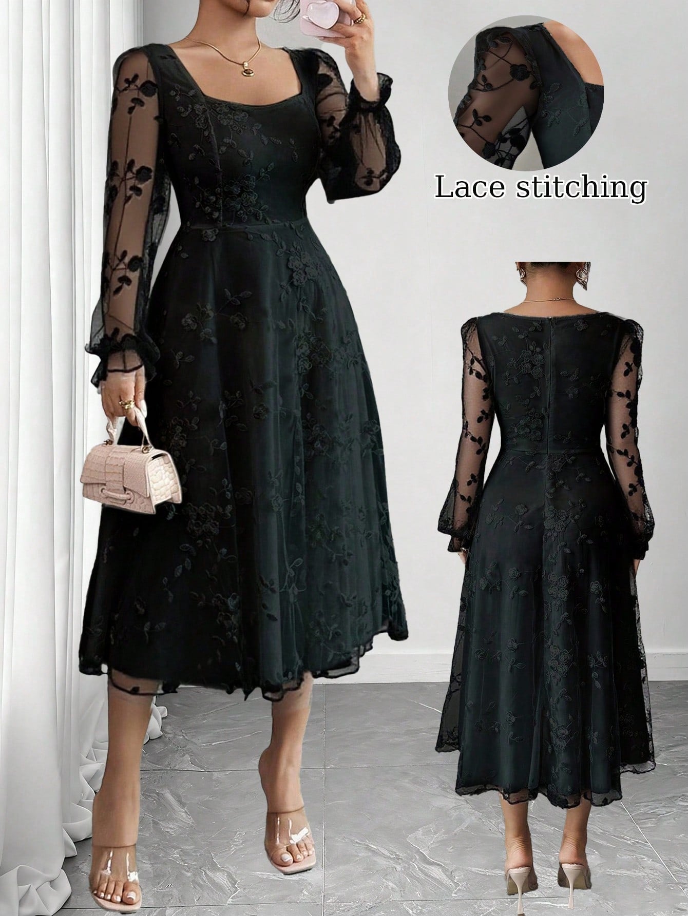 Elevate your autumn wardrobe with this stunning plus-size dress that's equal parts sophisticated and fun! The chic square collar frames your face beautifully, while the contrast mesh panels add an unexpected pop of visual interest. A cinched waist creates a flattering silhouette that celebrates your curves with confidence. Perfect for date nights, dinner parties, or whenever you want to feel absolutely fabulous. This versatile piece transitions seamlessly from season to season, making it a wardrobe essentia