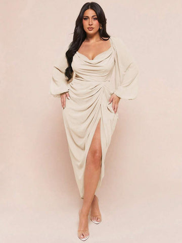 Shine bright and dance the night away in this Plus Size Elegant Glitter Dress. Featuring a flattering draped neck and a ruched asymmetrical hem with a daring slit, it’s designed to turn heads at any party or wedding. Comfortable yet stunning, this dress celebrates your curves with sparkle and style. Get ready to sparkle and steal the spotlight!