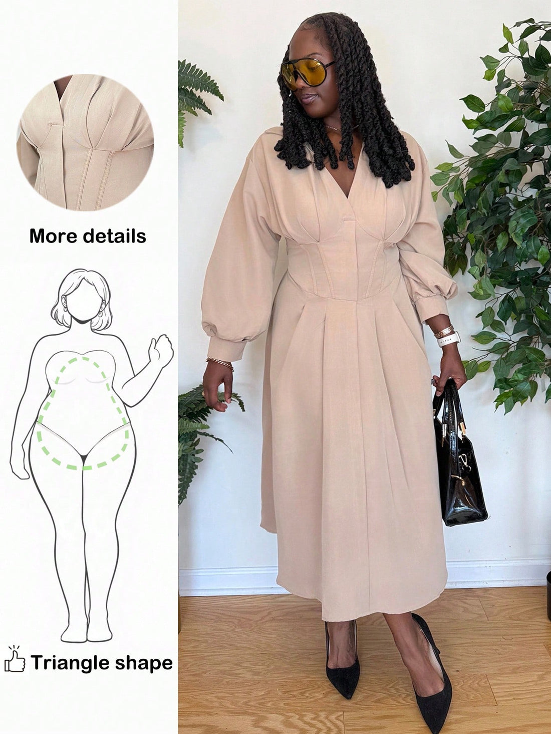 Embrace your curves with confidence in this stunning herringbone pencil dress, expertly tailored for pear-shaped figures. The fitted bodice skims your upper half while the strategically designed skirt provides comfortable room where you need it most. Long sleeves add sophistication and versatility, making it perfect for the office, date night, or weekend brunch. The classic herringbone pattern brings timeless elegance with a modern twist. Available in plus sizes, because fabulous comes in every size. Slip i