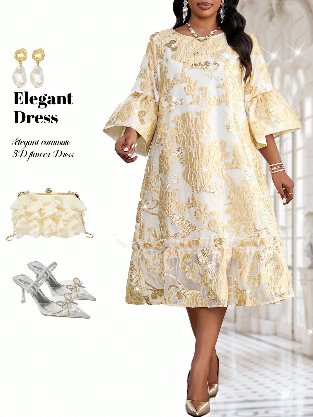 Elevate your event wardrobe with this stunning plus-size dress that's ready to turn heads! The intricate jacquard fabric adds sophisticated texture and visual interest, while the charming lantern sleeves create a flattering, feminine silhouette. Whether you're celebrating at a wedding, hosting a party, or attending a special occasion, this dress delivers elegance with personality. The thoughtful design flatters curves beautifully, giving you confidence to shine. Dress it up with heels and statement jewelry 