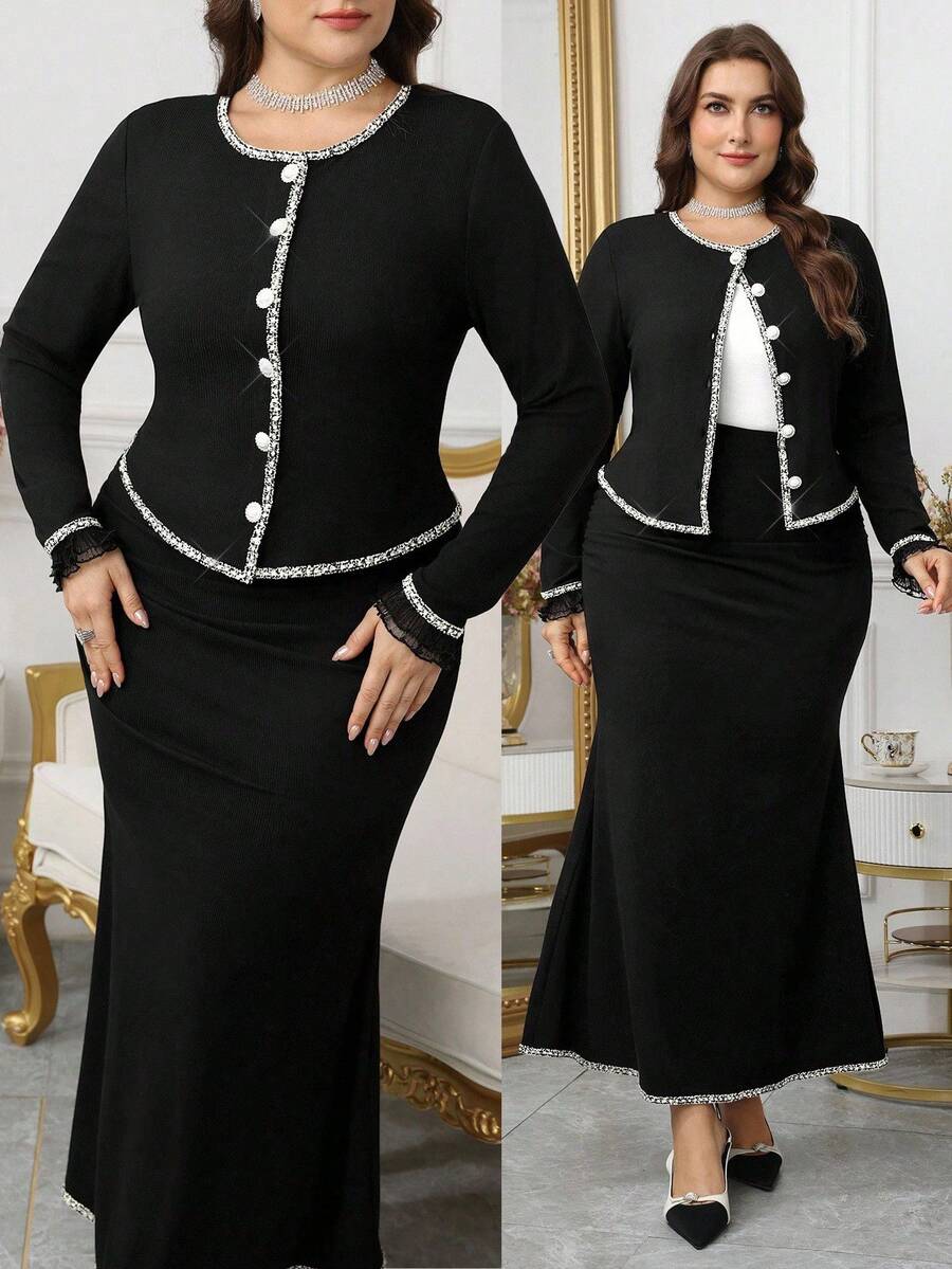 Elevate your seasonal wardrobe with this fabulous two-piece set that's all about effortless elegance! The ribbed knit top hugs you in all the right ways with its refined texture, while the fitted mermaid hem skirt adds a flirty, feminine flair that turns heads. Perfect for spring strolls or autumn adventures, this set celebrates curves with confidence and style. Mix, match, or wear together—either way, you'll feel absolutely stunning!