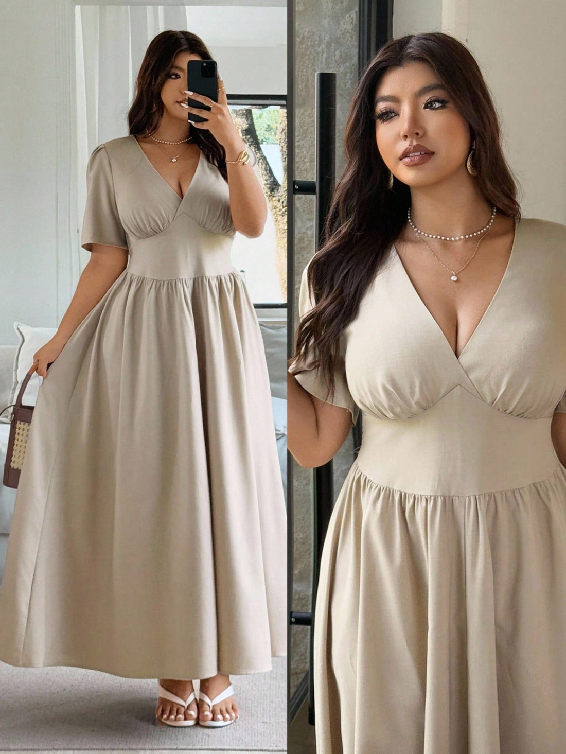 Step into summer with flair in this Plus Size Elegant Solid Color V-Neck Dress. Its flattering V-neck highlights your neckline, while the stylish waist decor adds a fun twist to your silhouette. Light and breezy, this dress keeps you cool and confident for all your sunny adventures. Perfect for playful days and elegant nights alike!