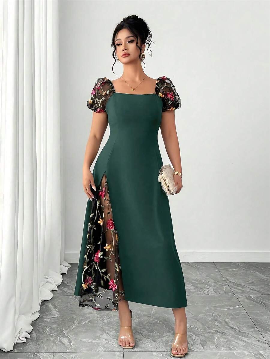 Black plus size floral embroidered puff sleeve dress front view