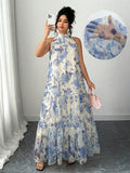 Blue plus size floral halter tiered maxi dress front view