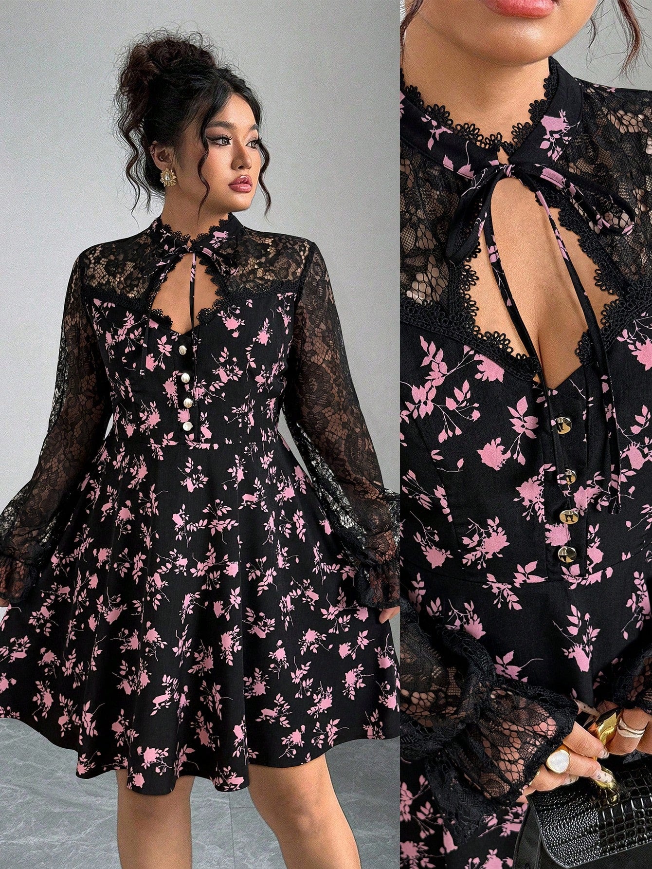Embrace your curves in this stunning plus-size dress that's equal parts sophisticated and fun! Featuring delicate floral lace inserts that peek through the classic black fabric, this piece is your go-to for autumn and winter gatherings. The elegant lace detailing adds a touch of romance without sacrificing comfort, making it perfect for casual outings or dressier occasions. Slip it on and feel confident, comfortable, and absolutely fabulous—because style has no size limit!
