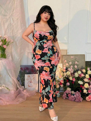 Plus size black floral spaghetti strap mesh maxi dress front view