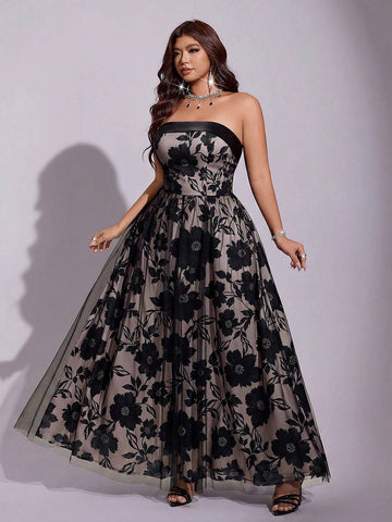 Plus-size nude tulle strapless maxi dress with oversized black floral print