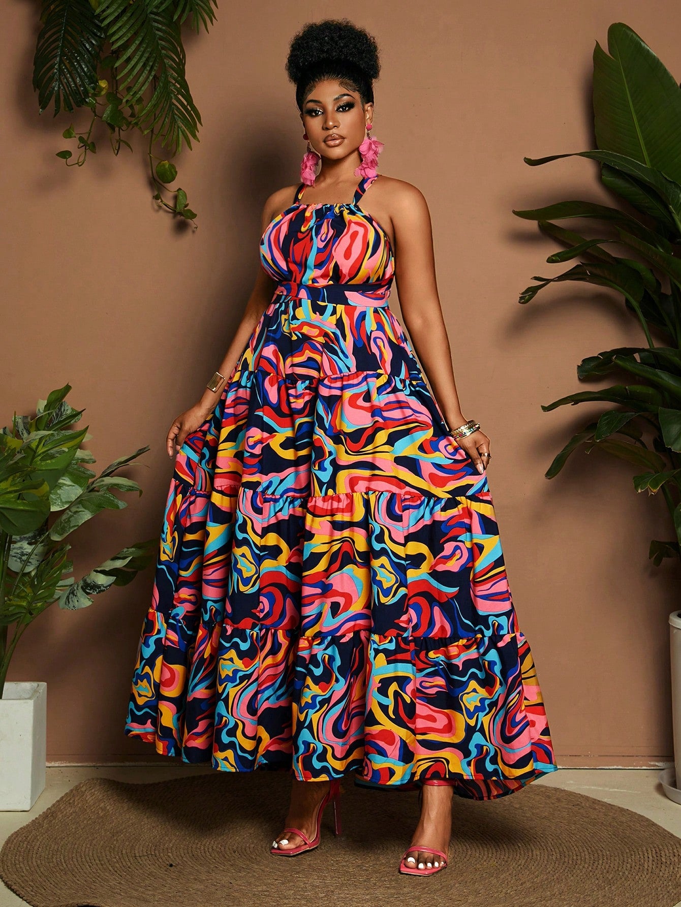 Twirl into the spotlight with our Plus Size Floral Print A-Line Dress! Those dainty spaghetti straps hold up a world of fun while the flowy A-line silhouette dances with your every move. Blooming with vibrant florals, this dress doesn't just attend holiday celebrations—it becomes one! Perfect for turning heads and collecting compliments at your next festive gathering.