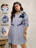 Embrace sunny days in this playful plus size summer shirt dress featuring charming blue and white stripes with a lively floral print. The long sleeves offer a breezy balance between coverage and comfort, making it perfect for casual outings or garden parties. Flattering and fun, this dress lets you twirl through warm weather in effortless style.
