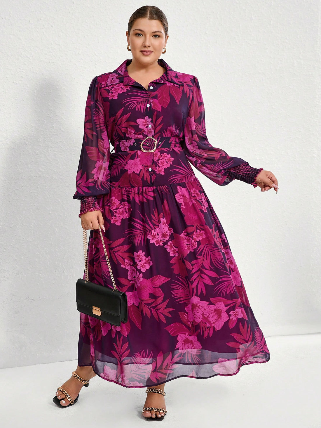 Step into sunshine and style with this Plus Size Floral Print Chiffon Dress! Featuring a playful blend of purple and red blooms, its flowing chiffon fabric and long sleeves offer breezy comfort and elegance. The matching belt cinches your waist for a flattering silhouette, perfect for vacation days or garden parties. Embrace effortless charm and twirl into your next adventure with this vibrant, flattering dress!