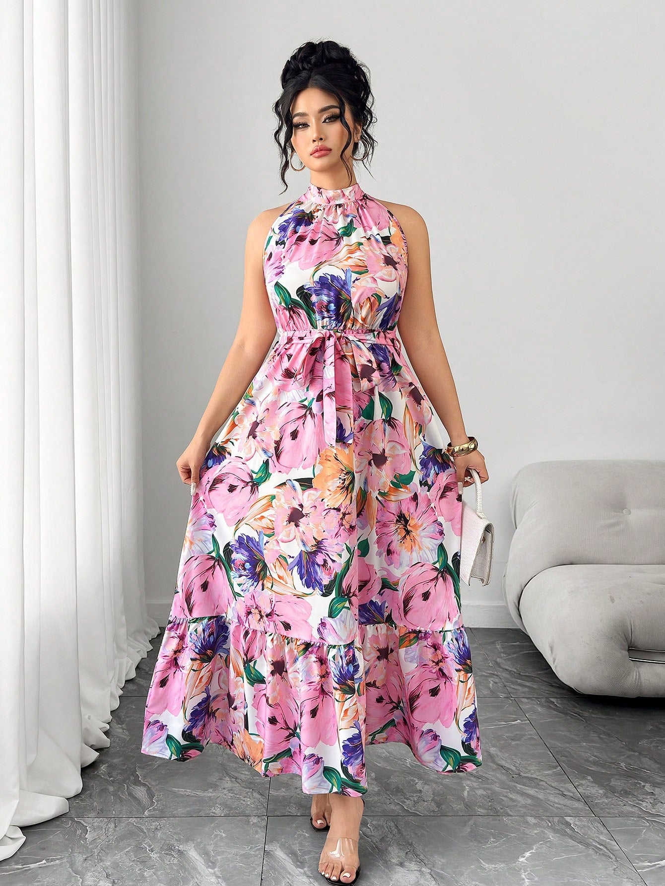 Shein |Plus Size Women Floral Print Tie Waist Dress, Fashion Resort Wear Shein |Plus Size Women Floral Print Tie Waist Dress, Fashion Resort Wear