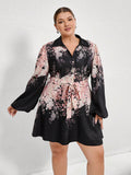 Introducing our Plus Size Floral Print Long Sleeve Shirt Dress! Comes with a black background and collar for a touch of sophistication. Perfect for adding a pop of color to your wardrobe. Stand out in style and comfort with this fun and flirty dress.