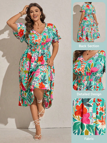 Embrace sunny days in this playful plus size midi dress featuring a vibrant floral print and flirty flutter sleeves. The V-neck adds a hint of charm while the breezy silhouette keeps you cool and carefree. Perfect for a bohemian summer vibe, it’s made to twirl through festivals, picnics, or casual adventures with effortless style and comfort.