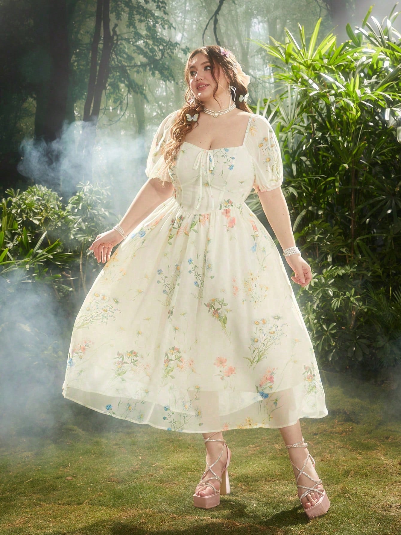 flattering plus size summer dresses Plus Size Floral Puff Sleeve Long Dress with Bow Tie Waist
