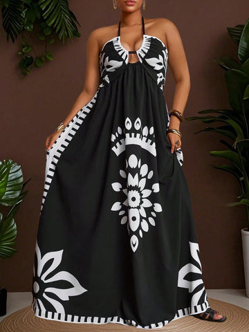 Step into summer with this playful plus size floral retro maxi dress. Featuring a breezy halter neck and a daring backless design, it’s perfect for warm days and sultry nights. The high slit adds a flirty touch, while the adjustable drawstring ensures a comfy fit that flatters your curves. Embrace effortless style and comfort with this standout piece that dances with you wherever you go.