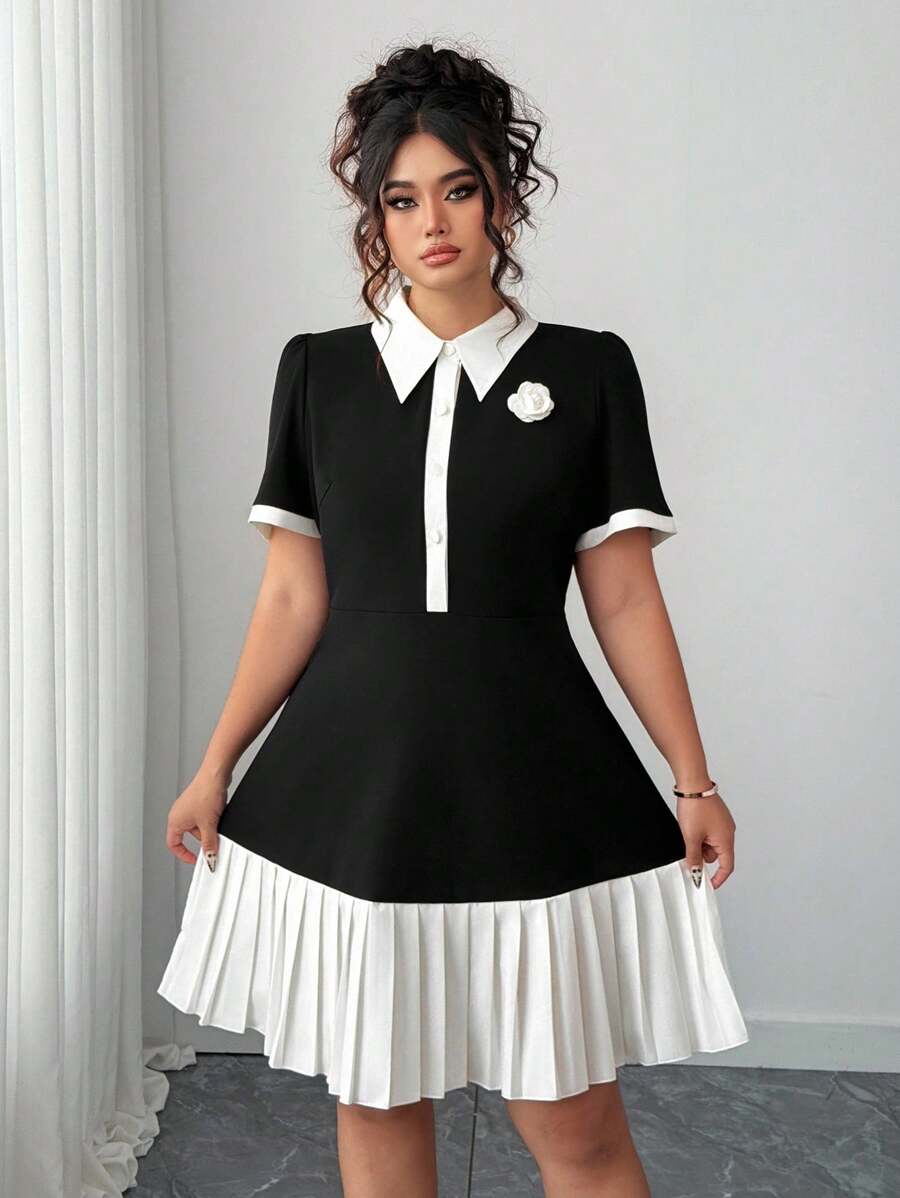 Front view of plus size black and white collared A-line mini dress